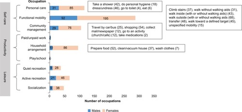 Figure 1 Distribution of prioritized occupations according to sex and occupational area assessed with the COPM.