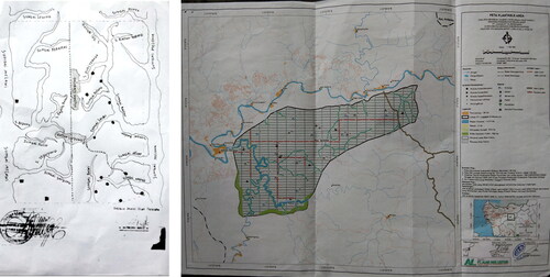 Figure 1. Customary territorialization made by the Dayak Kubink community and Dayak Melahui and Corporate territorialisation (master plan for development of oil palm plantations) made by PT. LJA.