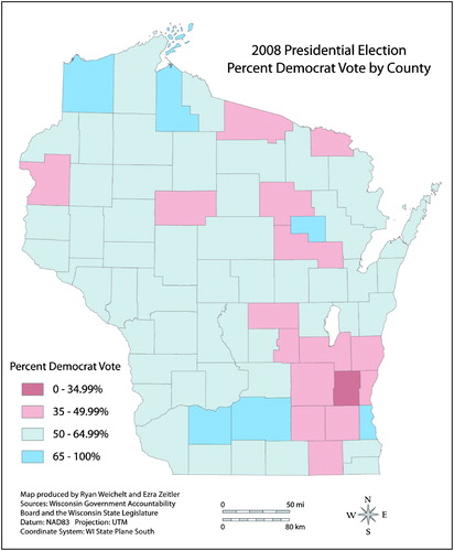 Figure 1. Percent of ballots cast in favor of Democratic Presidential candidate Barack Obama in the 2008 election. Source: Wisconsin Government Accountability Board.