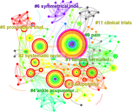 Figure 14 Cluster map of co-occurrence keywords related to acupuncture and moxibustion for LDH.