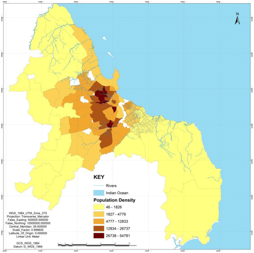 Map 2. Population Density in Dar es Salaam with high density around the city center, decreasing outwardly toward fringes.