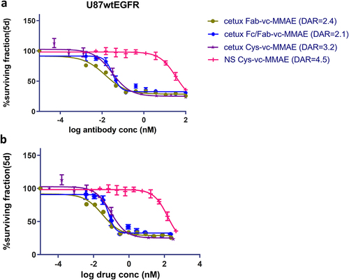 Figure 2. Growth inhibitory effect of glyco-engineered cetuximab conjugated with MMAE in U87 glioblastoma cancer cells engineered to overexpress EGFR. Potency was determined according to concentration of antibody (Panel a) or MMAE drug (Panel b).