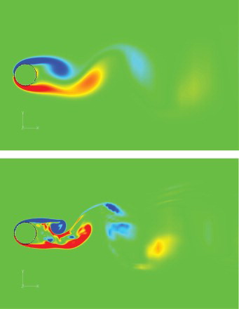 Figure 8. Vorticity contours on the center plane for Re = 100 (above) and 1000 (below). The color scale shows clockwise as blue, and counter-clockwise as red.