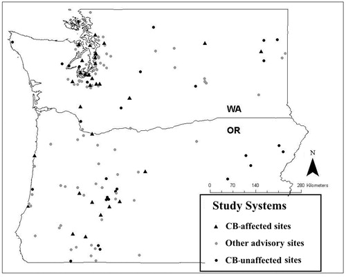 Figure 2. Locations of CB-affected, NLA unaffected, and all other lakes and reservoirs included on Washington (2007–2014) and Oregon (2005–2014) state advisory lists.