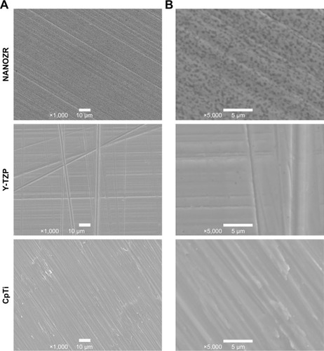 Figure 2 Surface morphology of NANOZR, Y-TZP and CpTi.Notes: Scanning electron microscopy graphics of NANOZR, Y-TZP, and CpTi reveal similar surface scratching after polishing. Magnification: (A) 1,000×, (B) 5,000×.