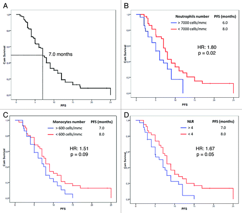 Figure 1. Progression free survival estimation of the whole group (A) and according to baseline neutrophil (B) and monocyte (C) count and NLR value (D) in NSCLC patients treated with bevacizumab.