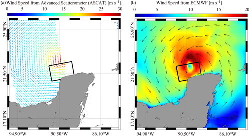 Figure 2. (a) The measured wind vectors from the Advanced Scatterometer (ASCAT) at 02:54 UTC on October 8, 2020. (b) The measured wind vectors from the European Center for Medium-Range Weather Forecasts (ECMWF) at 03:00 UTC on October 8, 2020. The black rectangle represents the spatial coverage of the image in Figure 1.