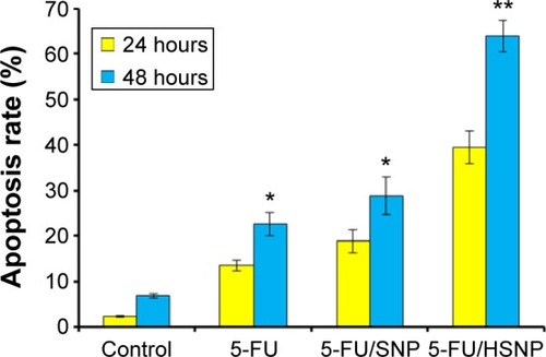 Figure 7 Annexin V-FITC FACS apoptosis analysis of HN6 cancer cells after treatment with free 5-FU, 5-FU/SNP, and 5-FU/HSNP for 24 hours and 48 hours.Notes: *P<0.05, **P<0.01.Abbreviations: FACS, fluorescence-activated cell sorting; 5-FU, 5-fluorouracil; HSNP, hyaluronic acid-conjugated silica nanoparticles; SNP, silica nanoparticles.