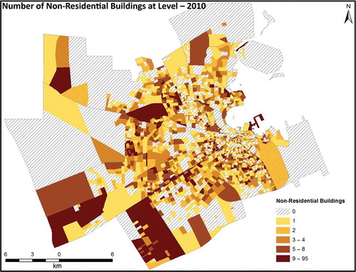 Figure 9. Number of non-residential buildings in 2010 at the block level.