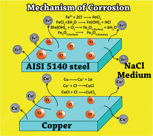 Figure 16. Mechanism of corrosion of AISI 5140 steel and copper.