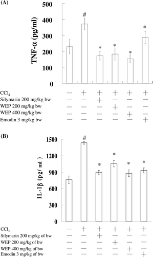 Figure 4.  The inhibitory effects of emodin and WEP on serum, TNF-α (A) and IL-1β (B) in CCl4-induced rats. The data represent the mean ± SD (n = 6). #Significant difference from the control group (P < 0.05). *Significant difference from the group treated with CCl4 alone (P < 0.05).