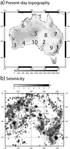 Figure 2 (a) Present-day topography averaged over 1° × 1° cells. 1, southeastern Highlands; 2, Mt Lofty/Flinders Ranges; 3, southwestern Yilgarn Craton; 4, Albany–Fraser Province; 5, central Australian basins; 6, Canning Basin; 7, southeastern Queensland Highlands; 8, Eromanga Basin; 9, Murray Basin; 10, Gawler Craton; DF, Darling Fault. (b) Distribution of seismicity within the Australian continent as observed in the period 1950–2007.
