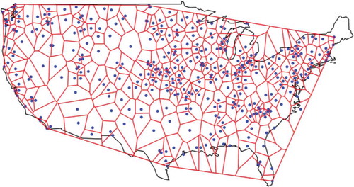 Figure 3. Map of locations for the 362 stations with temperature data (dots). Thiessen polygons for each station within the convex hull of the stations are also depicted.