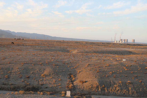 Figure 1. The view north from the medieval fortress at Jiayuguan towards the Black Mountains, looking directly south to north across the centre of the area shown in Figure 2 (photo: Sam Turner, November 2019)