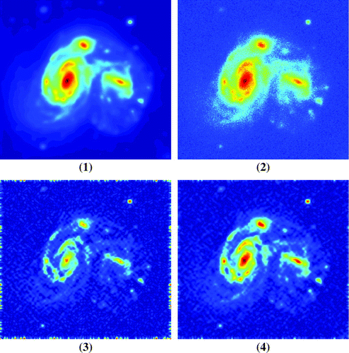 Figure 3. Reconstructions with noiseless projections h=δ=0.1. (1) the exact blurred image u, (2) the blurred image with noisy uδ, (3) reconstruction, obtained by our method using a priori regularization parameter selection α=α1, (4) reconstruction, obtained by our method using a posteriori regularization parameter selection α=α2.