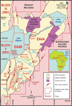 Figure 1. Geographical position and main features of EA4B. The figure shows the extent of EA4B during the initial phases of petroleum exploration by Dominion Uganda Ltd., between 2007 and 2010. Also shown are the two volcanic provinces in the basin, the location of dated Dura limestones, and the position of the Kazinga–Kikarara–Kiruruma Fault Zone and Bwambara trough.