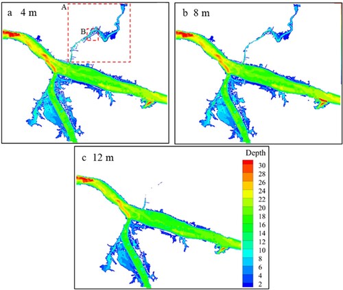 Figure 8. Comparison of the maximum inundation area of the flood in 2017 with mesh accuracies of 4, 8, and 12 m.