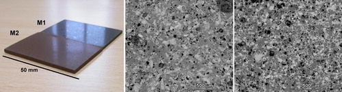 4 a aesthetic appearance of tiles samples from M1 and M2 mixtures; b microstructural detail of sample M1; c microstructural detail of sample M2