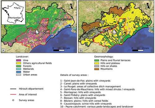Figure 2. Study area: the survey areas (number 1–10) are distributed throughout the vineyards (A) of the Hérault département and the three main cultivated pedo-landscapes (B).