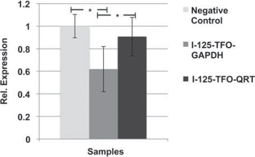 Figure 7. Relative gene expression of GAPDH after transfection with I-125-TFO-GAPDH (n = 7), I-125-TFO-QRT (n = 3) and unlabeled TFO-GAPDH (n = 3) as negative control. The (I-125-)TFO-GAPDH binds to a single target sequence in the GAPDH gene. I-125-TFO-QRT binds to multiple targets in the whole human genome. Error bars indicate the standard error of the mean (SEM) of n independent experiments. (* = p-value  0.05).