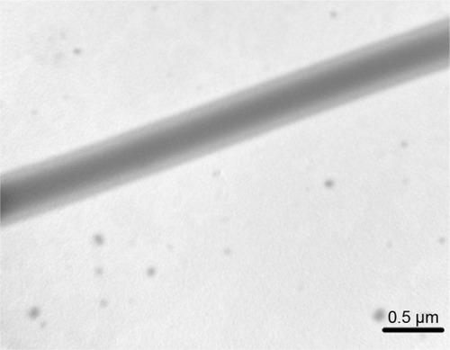 Figure 3 TEM image of sheath-core-structured nanofibers (× 60,000).Abbreviation: TEM, transmission electron microscope.