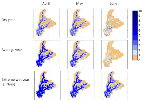 Figure 16. Water depth (m) maps (April-June), June is considered as transition month to the dry season. For: dry year (1990), extreme wet year (El Niño-1998), and average year (2006). Scale bar indicates the water depth range (m).