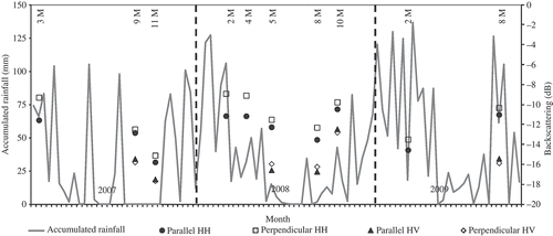 Figure 3. Mean σ° from the sugarcane plots, and rainfall data from the study area.Note: M – month.
