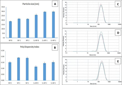 Figure 1 The mean of particle size and polydispersity indices (PDI) for all nanoparticle formulations.