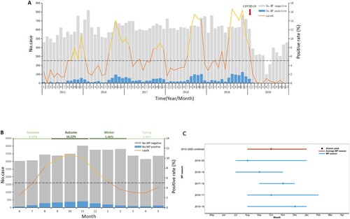 Figure 1. MP prevalence among all-aged patients with acute respiratory tract infection in Beijing, China, from January 1, 2015, to December 31, 2020. (A) The number of patients with acute respiratory tract infection and MP positive rates by month. (B) Average percentage of positive detections for MP among all aged patients with acute respiratory tract infections per month. (C) MP season duration and peak by year. The grey bars (panels A and B) denote the number of MP-negative cases. The blue bars (panels A and B) represent the MP-positive cases. The solid lines (panels A and B) indicate the percentage of MP-positive cases among the total cases included in this study, where the orange part represents the non-epidemic period and the yellow part represents the popular period. The dash lines (panels A and B) denote the threshold of MP-positive rate (5%) assigned in this study. The blue horizontal lines (panel C) indicate the MP season duration, and the black dot represents the MP epidemic peak. MP, Mycoplasma pneumoniae.