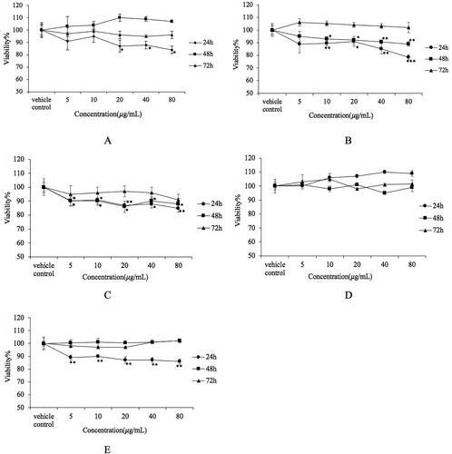 Figure 6. Inhibitory effect of CSCPS on several cancer cells. (A) Hela cells; (B) HT1080 cells; (C) A549 cells; (D) U-2 OS cells; (E) MDA-MB-231 cells. Note: Each value represents mean ± SD of at least three independent experiments, and each experiment was performed in triplicate. *p < 0.05, **p < 0.01 and *** p < 0.001.