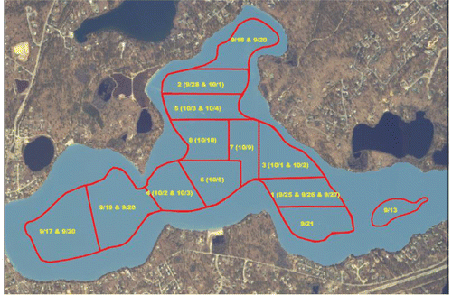 Figure 3. Treatment zones and dates of treatment (month/day in 2007) for Long Pond.