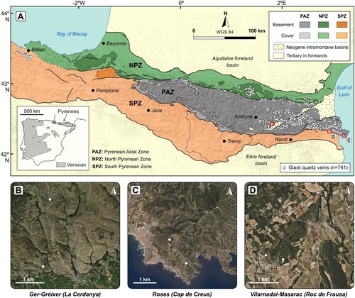 Figure 2. (A) Geological sketch map of the Pyrenees showing the distribution of giant quartz veins and the location of the study areas located in La Cerdanya (B), Cap de Creus (C), and Roc de Frausa Massifs (D) (orthophotographs from the Institut Cartogràfic i Geològic de Catalunya – ICGC).