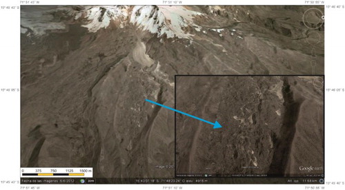 Figure 7. Inner moraine situated in the eastern flank of HualcaHualca volcano, where partially fill the glacial valley (Google earth image, 2012).