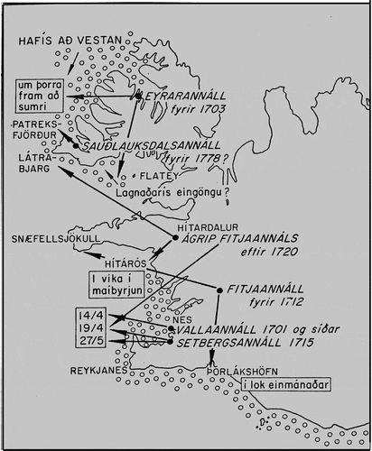 Figure 6. Map from Vilmundarson (Citation1969). Open circles show ice coming from the east in south Iceland (Hafís að austan) and from the west in northwest Iceland (Hafís að vestan). Sea ice off the north and east coast is not shown on this map; only the extremes. Other text on the map refers to individual Annals (annáll): Eyrarannáll before 1703 (um Þorra fram að sumri = from early year to next summer); Sauðlauksdalsannáll before 1778 CE; summary of Fitjaannáll before 1720 CE; Fitjaannáll before 1712 CE; Vallaannáll 1701 CE and later; Setbergsannáll 1715 CE. (The other text is 1 vika í maíbyrjun = one week in the beginning of May).