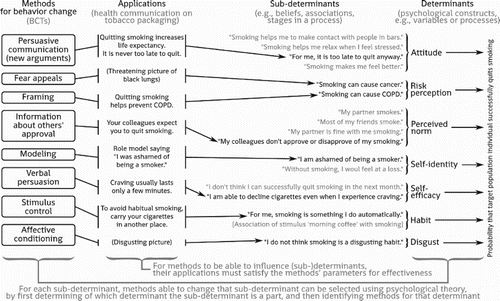 Figure 1. An illustration of a hypothetical subset of potential sub-determinants (e.g., beliefs) that may be important for successful smoking cessation, the determinants they fall under, applications that could be used as health communications on tobacco packaging to target those sub-determinants, and the methods selected on the basis of those determinants, by virtue of which the applications can have an effect (most examples derived from Thrasher et al., Citation2015; see Kok et al., Citation2016, for the lists of methods).