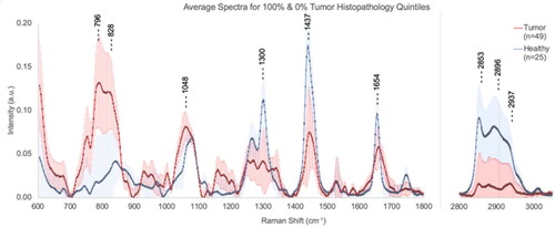 Figure 2. Information content of laser Raman spectra of healthy and cancerous tissue. The average spectral with 1-sigma error bars for the histopathology 100% (tumor) and 0% (healthy) quintiles of the study population. Reprinted with permission from [Citation22]. Copyright [2021] Springer nature.