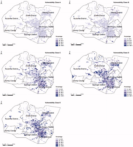 Figure 9. Spatial distribution of the seismic vulnerability in Urumqi using the SVM method.