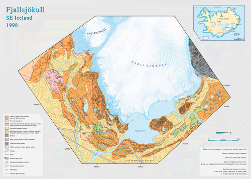 Figure A2. Map of Fjallsjökull and its foreland in 1998 mapped at 1:15,000 scale based upon uncorrected aerial photographs and using index contours from the earlier maps. Journal printed versions are thumbnail style prints of electronic version that will be made available for downloading from the Glasgow departmental website (http://www.ges.gla.ac.uk), which will be printed on A2 size paper to attain 1:15,000. A high quality version of this map is available online at: http:///www.informaworld.com/RSGJ