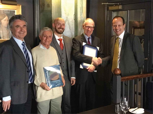 Figure 2. A selection of the winners of the 2016 Luckhurst-Samulski Prize (from the left) Robert Richardson, Bakir Timimi, Neil Wells and Geoffrey Luckhurst being presented with their Prize by Corrie Imrie (right) at a lunch held at the Old Parsonage in Oxford.