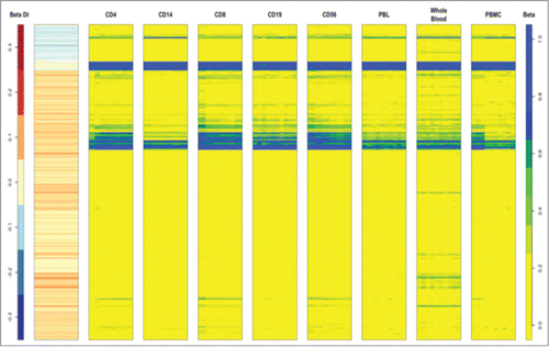 Figure 2. Heat map of the 839 DMPs between FGR and AGA in circulating cord blood cell subtypes identified as CD4, CD14, CD8, CD19, CD56, peripheral blood leucocytes, whole blood or peripheral blood mononuclear cells from 109 different samples. 450K data from a publicly available database Marmal-aid (http://marmal-aid.org.)Citation25 (see methods). There is very little difference in methylation between the 839 DMPs according to cell subtype. This is portrayed as similar color profiles for each of the cell types (blue, yellow and green) that correspond to the level of β methylation (far column) of the 839 probes.