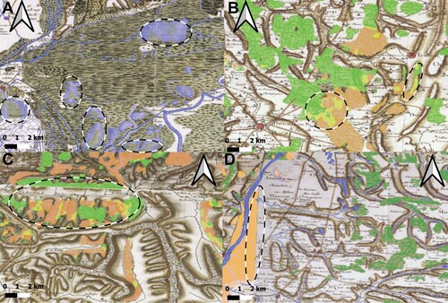 Figure 5. Presentation of the types of errors in the segmentation. A: Poor detection of the hydrographic class for some lake/ponds. B/C: Topography lines on heathland features distort the segmentation leading to a false classification as forest. D: A bad transition between two maps with disappearance of heathland features in the left part of the map.