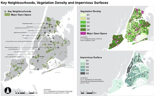 Figure 2. New York City key neighbourhoods of risk and distance to major open space, with vegetation density and impervious surface mapped in quintiles (Q1 lowest effect to Q5 highest effect)