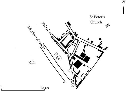 Figure 10. The southern part of Woolton, redrawn from the 1956 1:10,000 Ordnance Survey map. Eleanor Rigby Woods’s childhood home was near the southernmost end of Vale Road.