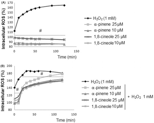 Figure 3. Effect of monoterpenes on intracellular ROS production. U373-MG cells were pretreated with α-pinene and 1,8-cineole (10 and 25 μM) for 24 h, previous to the treatment with H2O2 (1 mM) for 30 min. The intracellular ROS production was measured using the dichlorofluorescein assay. Data are expressed as percentage of ROS production, mean ± SD, #p < 0.05, versus H2O2-treated cells.