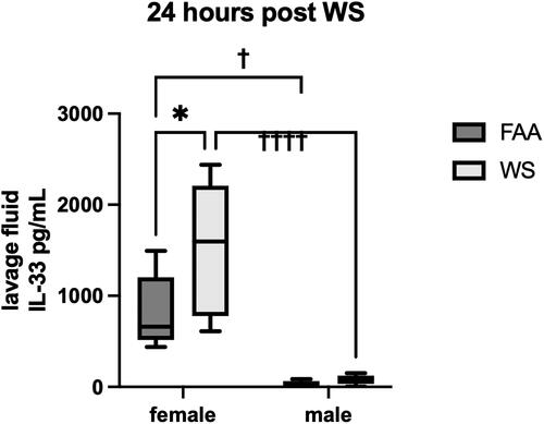 Figure 3. Sex differences in IL-33 expression. Following exposures to WS or FAA, mice were lavaged and assayed for expression of IL-33 in the supernatant by ELISA. There was a WS-associated increase in IL-33 in both male and female lavage fluid and was significantly increased (*p < 0.05)in females. In addition, there was an observed sex effect with higher levels in females with both control (FAA) and WS-exposed groups (††††p < 0.0001, †p < 0.05). There was no significant interaction between sex and exposures. These are at 24 hr following WS exposure with no differences in either sex at 2 months (n = 4-8, ±sem).