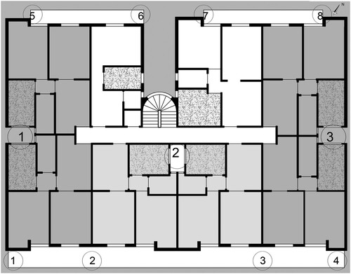 Figure 5. Plan view drawing of a typical floor of the case study building showing the location of 3 lightwells and the potential locations for the design of wind-catchers (11).
