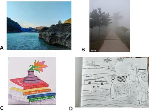 Figure 1 E-exhibition entries- (A and B) Photographs clicked by students. (C and D) Sketches drawn by students.