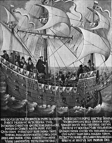 Figure 6 A large ship depicted on the epitaph of chaplain Sweder Hoyer of the Hanseatic navy who died in the war against Sweden. (after Mortensøn, ‘Renæssancens fartøjer’, 86)