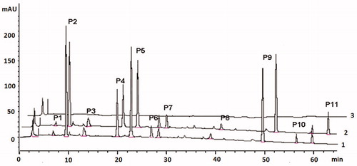 Figure 1. HPLC chromatograms of dialysate of n-butanol extract of P. cuspidatum (PCB): (1) “blank dialysate” of PCB; (2) “interaction dialysate” of PCB and (3) blank control.