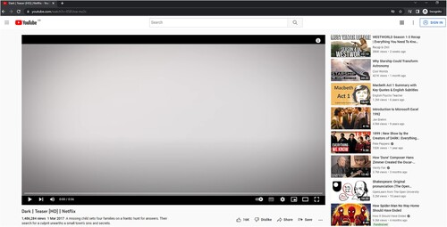 Figure 2. A screenshot of the recommendations when viewing the teaser trailer for Dark on YouTube in “private browsing” mode.